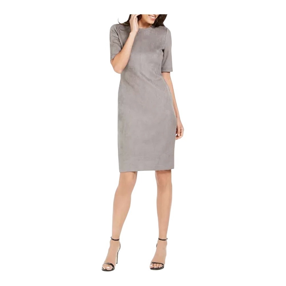 Anne Klein Gray Faux‎ Suede Sheath Dress Career Business Casual Classic Size 8